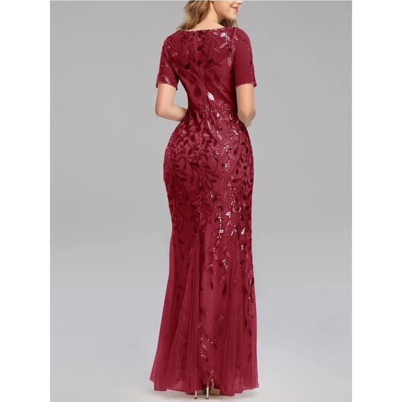 NEW! Slim Fit Evening Formal Mermaid Sheer Red Maxi Dress Sequin Leaves Sz. M - Picture 3 of 8